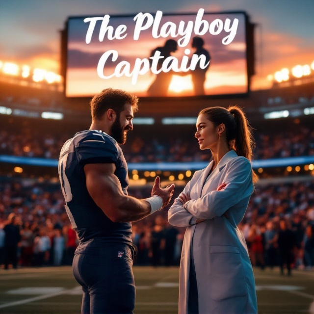 A vibrant football stadium at dusk, with a glow from the floodlights, setting the backdrop. In the foreground, a charismatic football player in his NFL gear is looking jubilant, extending his hand towards a woman dressed as a surgeon. She stands with arms crossed, wearing a slight smirk, her expression a mix of irritation and intrigue. In the background, an audience is visible but blurred, emphasizing the two central figures. At the top of the stadium, a large LED screen subtly shows the silhouette of a couple sharing a playful kiss, enhancing the romantic aspect.