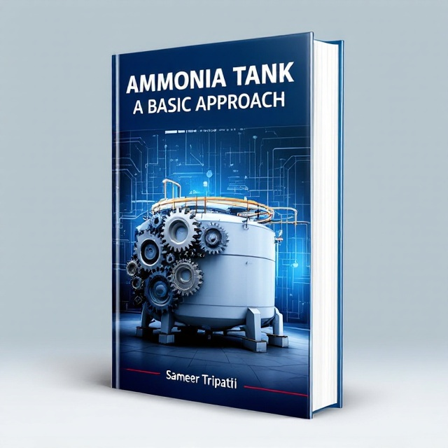 A high-resolution image of an industrial ammonia tank prominently centered on the cover, with gears partially overlapping the tank to symbolize the technical aspect. The background is a gradient of deep blue fading into lighter blue, suggesting a sense of depth and technological innovation.