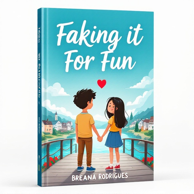 A whimsical illustration of a young boy and girl standing side by side on a bridge, overlooking a serene, blue river. They are holding hands with a subtle connection of a heart-shaped spark between them, symbolizing their fake dating situation and blooming real feelings. The background captures a quaint town setting, with soft clouds in the sky, giving a feeling of nostalgia and friendship. The characters exhibit expressions of playful innocence mixed with a hint of curiosity about their feelings.