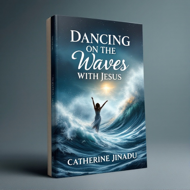 A dramatic scene of tumultuous heavy waves dominates the background, capturing the power and movement of the sea. In the foreground, a subtle silhouette of a figure dancing gracefully, arms raised, suggests spiritual surrender and joy amid the chaos. The color palette is a mix of deep blues and whites, with hints of warm golden hues breaking through the waves, conveying hope and divine presence.