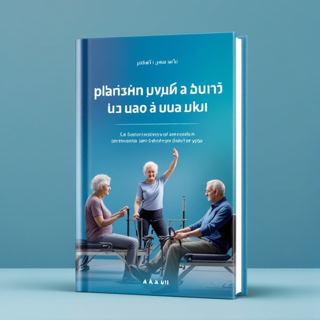 The cover features a serene setting with elderly individuals engaged in Pilates exercises. They are depicted using Pilates machines like the Reformer and the Cadillac, set against a calming blue gradient that symbolizes tranquility and vitality. The elderly athletes are shown with expressions of focus and accomplishment, underscoring the empowering message of the book.