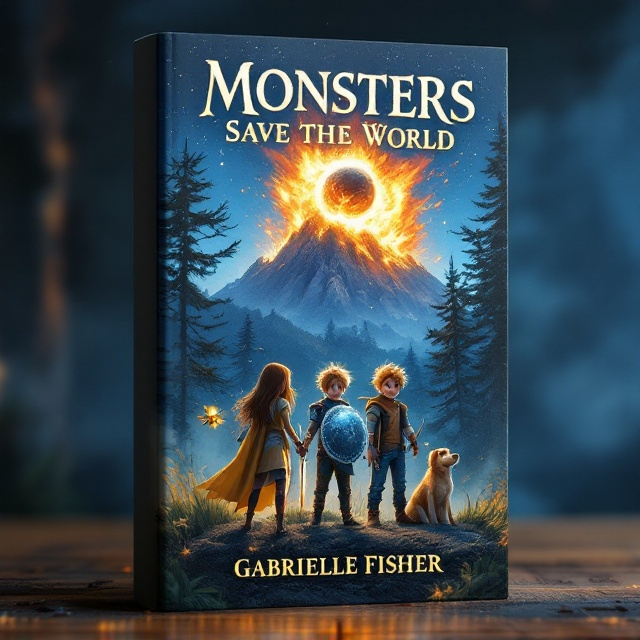 The cover features a night scene with a misty backdrop, illuminated by an asteroid crashing onto a hillside with fiery impact. In the forefront, three characters stand side by side a brown-haired girl wielding a sword engulfed in flames, a second brown-haired girl with a shield covered in frost, and a blond-haired boy poised with a bow and arrow. A happy bee hovers nearby, and a joyful dog sits by their side. Behind them, two brown-haired boys with angry expressions look ready for action. Tall trees add depth to the background.