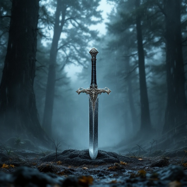 A mystical forest scene with towering dark pine trees fading into a canopy, veiled in dense fog. Silver rain drizzles gently, with the focal point being a gleaming silver dagger half-embedded in the hallowed ground, casting subtle reflections against the foggy backdrop.
