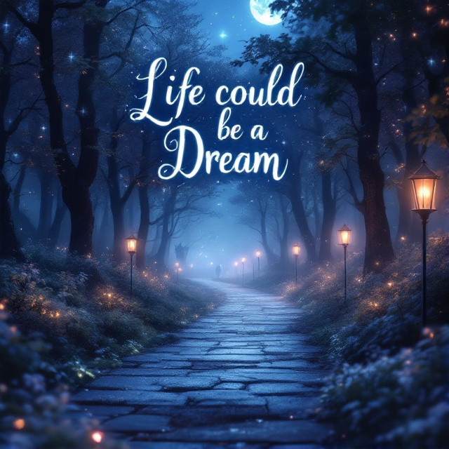A dreamy, ethereal landscape with a starlit sky and misty moonlight, features a pathway lined with glowing lanterns leading into a magical forest. In the background, among the trees, ghostly figures and mythical creatures loom softly, blending harmoniously with the environment. The color palette consists of deep blues, purples, and silvery whites, evoking a sense of marvel and otherworldliness.