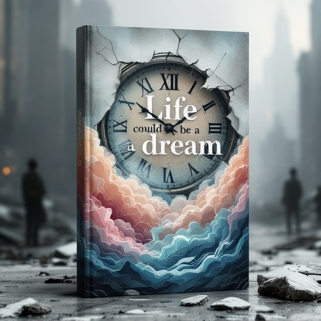 A shattered, dystopian cityscape occupies the background, with gray and muted colors, giving a sense of bleakness. A large, cracked clock hovers in the middle, symbolizing the fractured nature of time in this dystopian world. The lower half of the cover gradually transitions into an abstract wave of dreamy, ethereal clouds in contrasting pastel colors, suggesting a vision of escape or alternate reality.