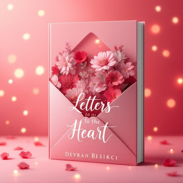 A heart-shaped envelope partially opened with red and pink floral patterns peeking out from within. The background consists of a soothing gradient from pale pink at the top to deep red at the bottom. Soft, glowing lights scatter around the scene, adding a touch of magic and warmth.