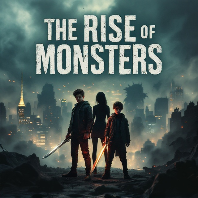 In a gritty, desaturated palette, the skyline of a dystopian city looms ominously in the background, with shadowy, indistinct forms of monsters subtly integrated into the cityscape. In the foreground, two determined boys stand facing forward—one gripping a gleaming sword, the other holding a broken baseball bat defiantly. An enigmatic girl stands slightly behind them, her expression poised and fearless, her silhouette partially illuminated by a dim, flickering light. The entire scene is engulfed in swirling mist and flickers of firelight, heightening the tension.