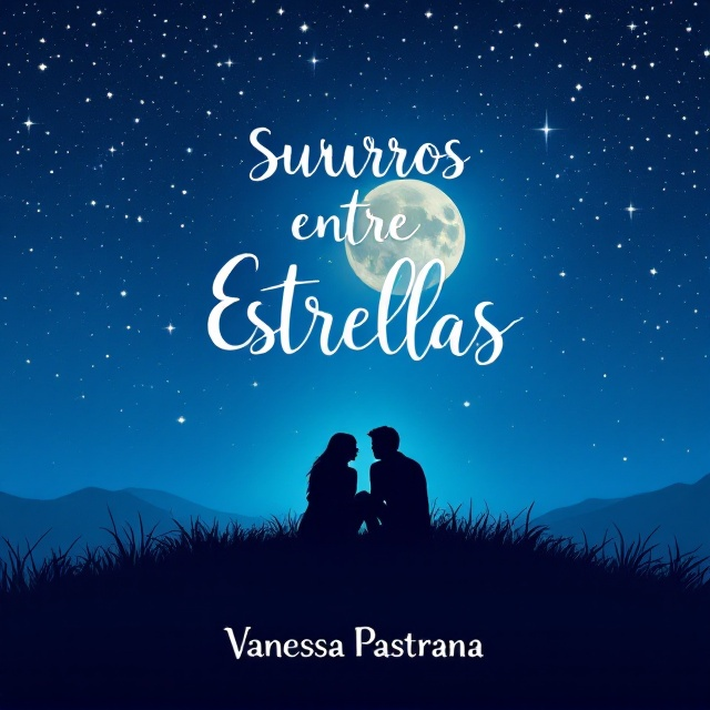 The cover features a serene night sky filled with twinkling stars as the backdrop. In the foreground, a silhouetted couple is depicted sitting closely on a grassy hilltop, engaged in an intimate conversation. The moon casts a gentle glow around them, highlighting the expressions on their faces. The color palette is mainly shades of azul, ranging from deep midnight blues to lighter azure tones, blending seamlessly with the starlit sky.
