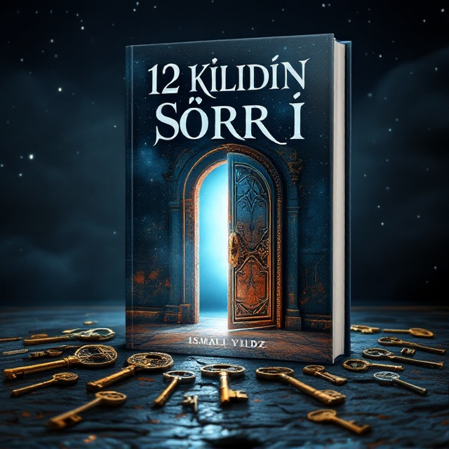 The cover features a slightly ajar ancient, rusty door at the center, glowing with an intense bright white light that beckons the viewer. Around the door lie 12 intricately designed antique keys scattered haphazardly on a textured, dark surface, adding an air of mystery. Above, a starry night sky envelops the scene, with swirls of subtle mist enhancing the otherworldly feel.