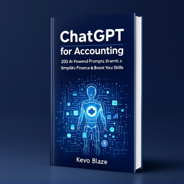 A sleek, modern cover features an abstract graphic of a humanoid AI figure intertwined with financial symbols like calculators, graphs, and coins. The AI figure represents the ChatGPT tool as an intelligent assistant. The background is a gradient of blue tones, symbolizing sophistication and depth in knowledge. Subtle, circuit-like patterns are overlaid to emphasize the technological aspect.