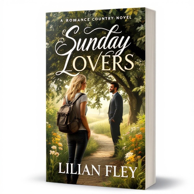 Elements include a textured, rustic foreground showcasing a lush, green Texas landscape, with wildflowers dotting the scene. A blonde woman in casual hiking attire stands in the foreground, partially turned towards the viewer. Further in the background, a shadowed silhouette of a brunette man in business attire gazes toward her from behind a dense leaf canopy. A path subtly guides the eye from the woman to the man, symbolizing the connection between the two characters.