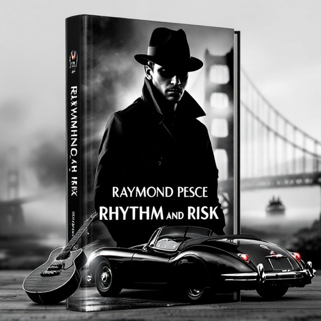 A noir-inspired book cover with a central focus on a mysterious man in a fedora and trench coat. His face is obscured in shadows, highlighting his eyes filled with paranoia. In the foreground, a stunning 1942 Jaguar roadster shines, its surface reflecting distant neon lights. Resting against the car is an aged guitar. The background features the Golden Gate Bridge shrouded in fog with an enigmatic boat in the water. The entire design is black and white, with a haunting splash of color on the taillight in deep red.