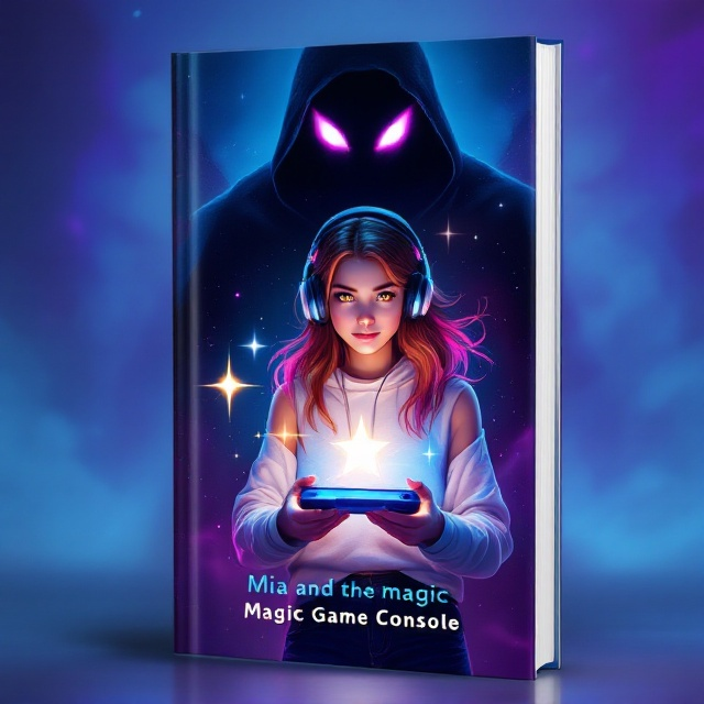 The cover features a dynamic scene with the central focus on a girl with brown hair tipped in pink and striking yellow eyes. She's wearing a headset and a white long-sleeved shirt under a sleeveless black hoodie, paired with black jeans. In her hands is a floating console emitting a soft glow, while a shining star hovers nearby, adding a sense of magic. In the background, a silhouetted figure with ominous, glowing purple eyes looms, providing a thrilling and mysterious vibe. The background gradient transitions from electric blue at the top, suggesting action, to dark purple at the bottom, enhancing the fantasy element.