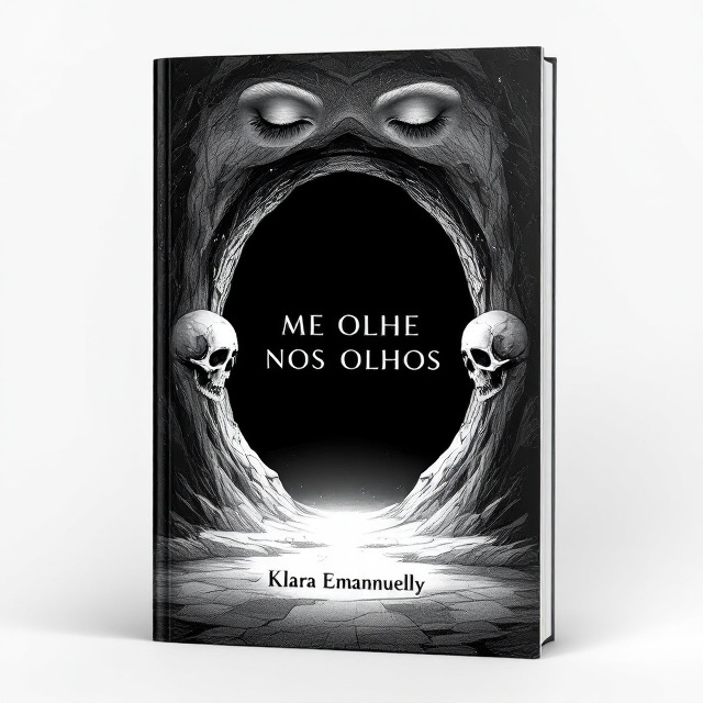 The cover features a central, stylized portal with intricately detailed, minimalist skulls subtly integrated into the edges, symbolizing the exploration of self and the fear of confronting one's inner truths. The background is a gradient of deep black fading into white at the portal's center, suggesting a journey from darkness to light. Above the portal, two closed eyes are softly sketched, conveying introspection and the hesitation of opening one's eyes to self-awareness.