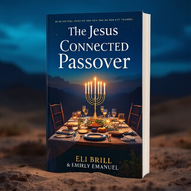 A central image of a traditional Passover dinner table set in an ancient desert landscape, under a twilight blue sky. Prominently placed in the background is a large menorah, subtly lit to glow warmly. The table is adorned with symbolic elements of a Passover meal matzah, wine cups, and herbs. The ancient desert extends towards the horizon, evoking a sense of timeless spirituality.