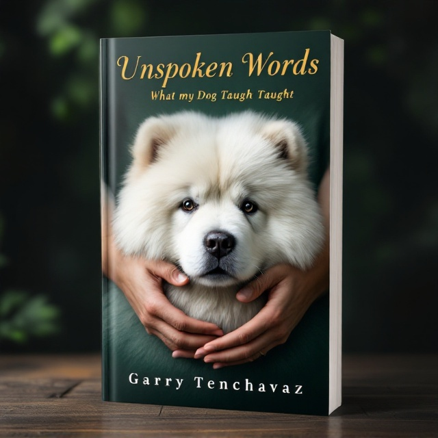 The cover features a prominently centered white female Chow Chow with her thick, fluffy coat detailed in soft highlights. The dog's face, capturing her deep, trusting eyes, is enveloped by strong male arms, suggesting a loving embrace. The background is a softly blurred deep green, invoking warmth and intimacy. Subtle textures like leaf-like patterns enhance the background, contributing to depth and tranquility.