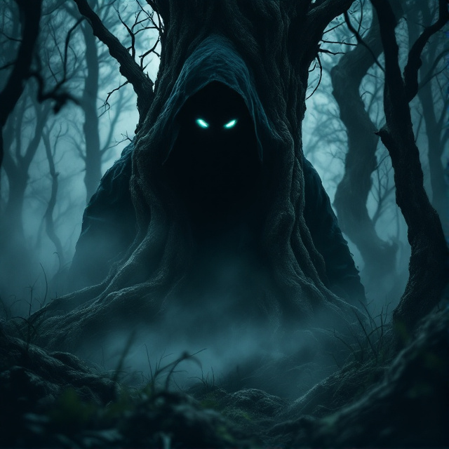 A dark, shadowy forest scene with gnarled trees and thick fog encasing the ground. In the foreground, a mysterious, eerie figure partially obscured by the mist looms large, with piercing, glowing eyes staring directly at the viewer. The title "test new website" appears subtly carved into the bark of one of the twisted trees.