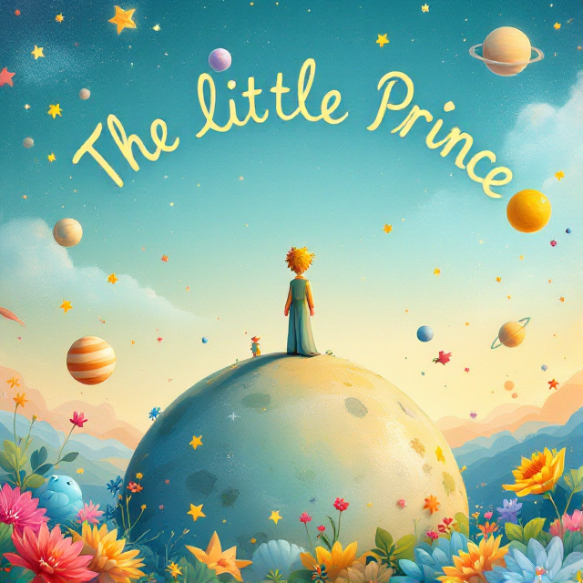A full-page illustration of a whimsical, joyful landscape featuring a small prince standing atop a tiny planet. Surrounding him are vibrant stars, planets, and whimsical creatures, exuding a sense of adventure and wonder. The overall color scheme is a mix of bright yellows, blues, and greens against a serene sky backdrop.