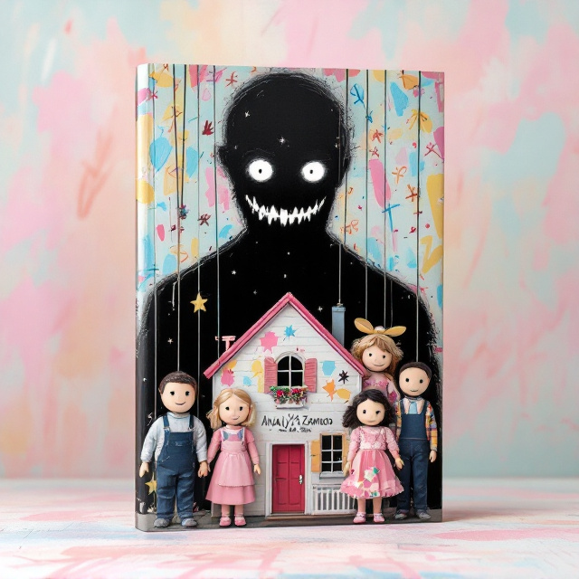 The cover features a whimsical, scribbled backdrop resembling a child’s drawing, bursting with pastel colors. Centered in the foreground is a toy dollhouse, surrounded by the family dolls a mother in a pink dress with an apron, a father in a fancy outfit, a brother in overalls with a propeller hat, and a sister in a frilly, colorful outfit. Each doll wears a happy mask with a broad smile, and they are all attached by strings from above. Looming over this cheery scene is the shadow of a dark figure, his sinister stitched smile contrasting with the joyful facade of the dolls.