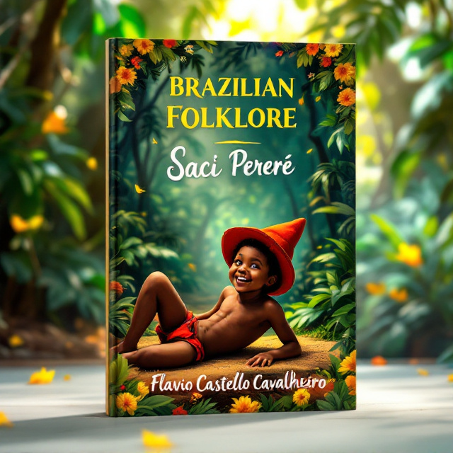 A rich, dense Amazon rainforest is depicted in the background with vibrant greenery enveloping the scene. Dappled sunlight filters through the canopy, casting warm, golden hues across the forest floor. At the center of the scene, a young black boy with one leg lies playfully. He is adorned with a vivid red thong and a soft, pointed red hat, embodying the mythical Saci Pererê. His face exudes joy and mischief. A hand-drawn floral border frames the composition, enhancing the folklore theme.