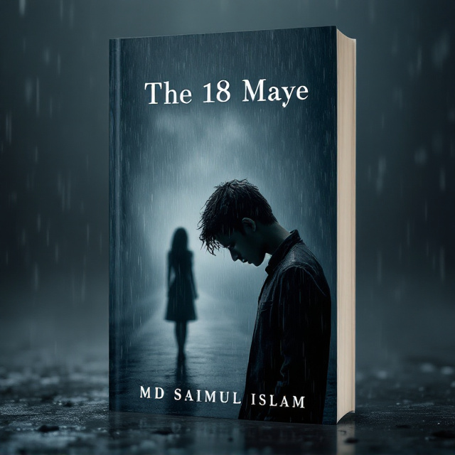 A somber scene set under a rainfall, where a lonely boy stands at the forefront. His head is bowed, water droplets cascading down his figure, which reflects his inner sadness. Behind him, delicately blurred, is a silhouette of a girl walking away, emphasizing the theme of unrequited love. The raindrops seem to merge with tears, evoking a heart-wrenching atmosphere.