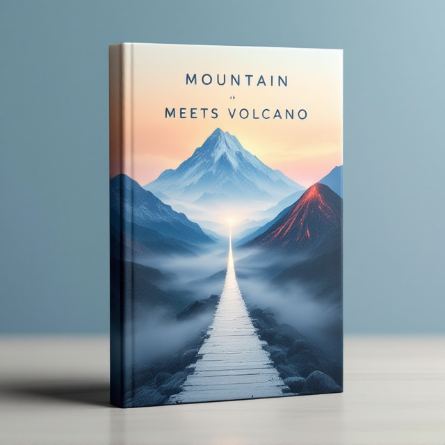 A majestic mountain and an active volcano are positioned on either side of the cover, symbolizing distance. Between them, a delicate, semi-transparent bridge made of mist connects the two, suggesting connection and potential resolution. The background is a serene sky gradually transitioning from a chaotic fiery color near the volcano, to a calm cool hue near the mountain.