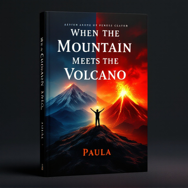 The cover features a bold, striking image of a majestic mountain and an erupting volcano facing each other on opposite sides of the cover. The mountain is bathed in twilight shadows, while the volcano glows with molten lava, casting an ominous light. In the middle, a solitary figure stands with arms raised, silhouetted against the fiery sky, embodying transformation amidst chaos.