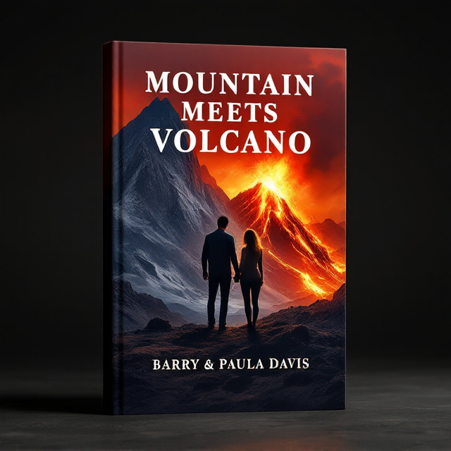 A dramatic juxtaposition where a rugged, jagged mountain on the left meets a fiery, eruptive volcano on the right. The middle ground showcases a silhouette of a married couple standing with a noticeable gap between them, symbolizing disconnection yet also an indirect connection through the natural elements around them. The sky is painted with deep reds and dark oranges, conveying anger and loneliness.