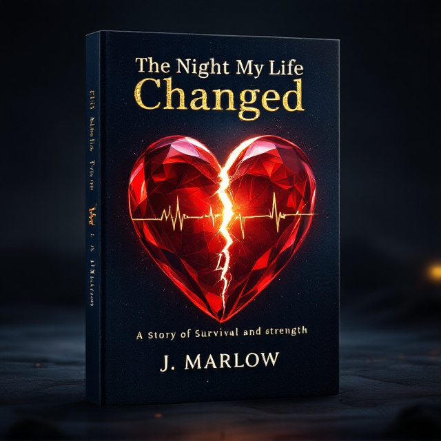 A textured, dark night sky fills the background. A large, stylized human heart with a deep red, gem-like surface is positioned centrally. A jagged crack emitting a faint red glow splits the heart, with golden light bursting outward from the crack. Faint EKG lines subtly underline the scene, and a faint ambulance light flickers at the horizon.