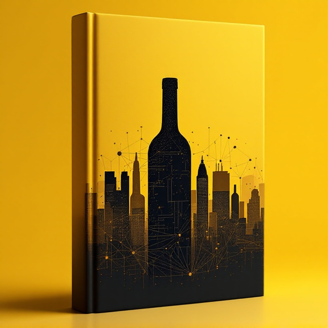 A silhouette of a city skyline, digitally stylized with lines and nodes resembling a network, overlays the background. The skyline subtly morphs into the shape of a wine bottle to symbolize the hidden presence of alcohol. This composition blends into a dark yellow gradient, giving a sense of dusk or dawn.