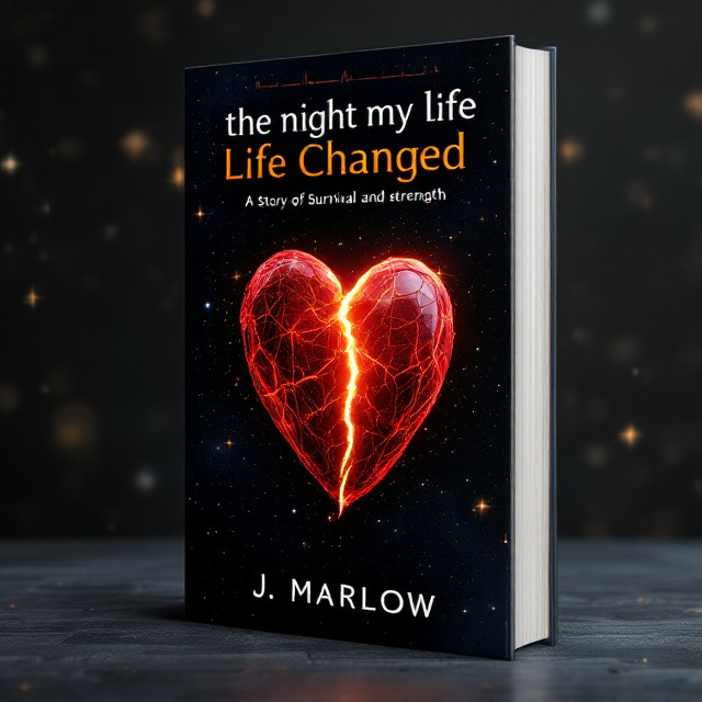 A dark, textured night sky with scattered stars sets the background. In the center, an anatomically correct human heart, stylized with a crystalline surface in a deep, rich red, is featured prominently. A jagged crack runs vertically through the heart, glowing faintly in red. From this crack, radiant golden-yellow light pours out, creating a stark contrast against the dark background and symbolizing hope and resilience. Near the top, EKG lines subtly weave into the night sky.