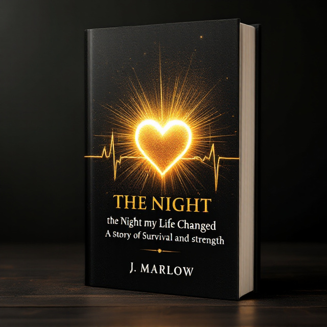 The cover features an inky-black gradient transitioning to a vibrant golden-yellow at the top, symbolizing hope and survival. At the center, a stylized EKG line morphs into a silhouette of a rising sun, creating dynamic rays of light that symbolize triumph. A faint, blurred ambulance light subtly appears in the lower left, enhancing the sense of urgency and fear. A heart image with radiating golden light is positioned just above the EKG line, emphasizing resilience.