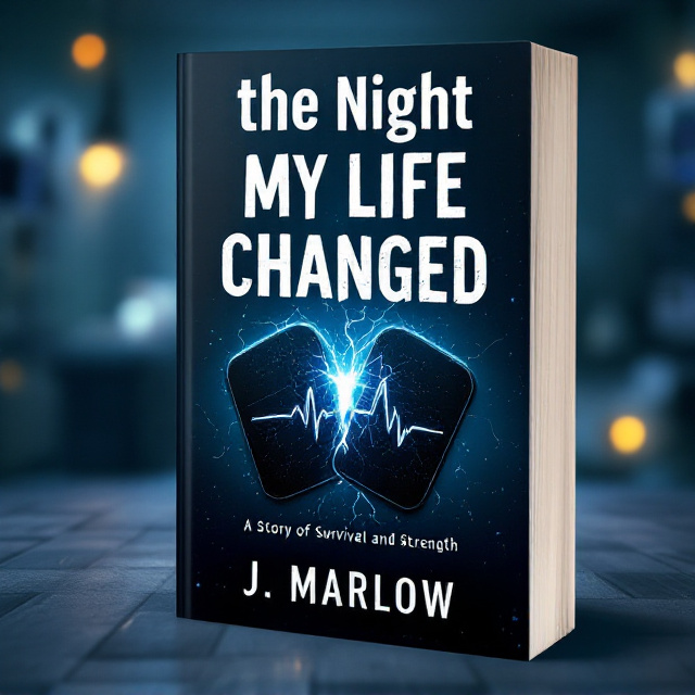 A visually striking cover featuring a dark, slightly blurred background of a hospital room that gives a sense of immediacy and urgency. The central focus is on a pair of defibrillator paddles prominently positioned over an abstract representation of a human chest. An intense electric blue spark arcs between them, contrasting sharply with the surrounding darkness. Warm, soft glows of yellow and orange peek through, suggesting medical equipment and conveying an atmosphere of critical urgency and hope.