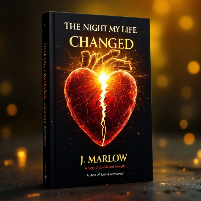 A central, large anatomically correct human heart rendered in deep, rich red with an almost crystalline quality and a jagged crack forming the shape of a rising sun. Golden rays emanate from the crack, illuminating the heart. Faint EKG lines and a soft, hazy glow are embedded in the background, which transitions from deep black at the bottom to a vibrant golden-yellow at the top. The night sky is hinted at with subtle star icons, and a faint blurred ambulance light adds a sense of urgency.