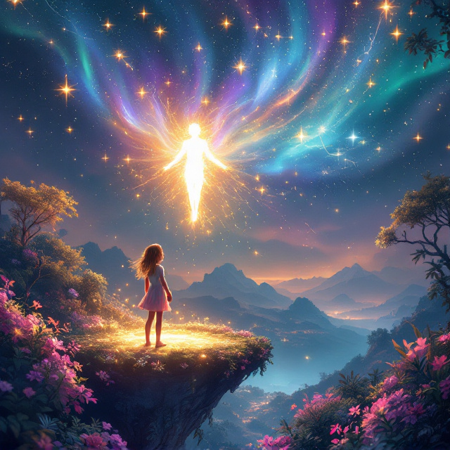 A young girl, Lila, is depicted on the cover standing on the edge of a floating island surrounded by glowing, magical flora. She’s holding hands with her celestial friend "Estrella," a radiant figure composed of starlight and sparkles. Above them, a majestic, multi-colored aurora spreads across the dark fantasy sky, with constellations faintly visible. In the distance, magical landscapes and islands hover, while shooting stars streak across the backdrop. The color palette consists of blues, purples, and golds with a touch of warm pink to emphasize wonder and fantasy.