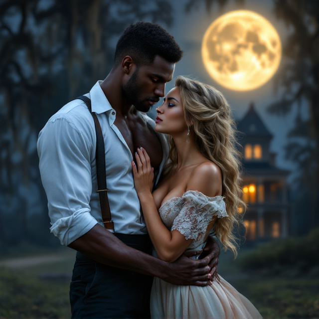 A dreamy, moonlit plantation setting with a sense of steamy romance. In the foreground, a dark, athletic black man dressed in historically accurate 1800s Southern attire, wearing a white shirt partially unbuttoned to reveal his muscular chest and suspenders. He stands dominant yet protective, cradling a stunning Southern belle in his arms. She is depicted with flowing golden blonde hair, exaggerated cleavage, and a luxurious lace and silk dress in soft pastels. Her blue eyes gaze at him with longing. In the background, a sprawling, dusk-lit plantation mansion is partially veiled by Spanish moss trees, enhanced by the glow of a large, soft, hazy southern moon.