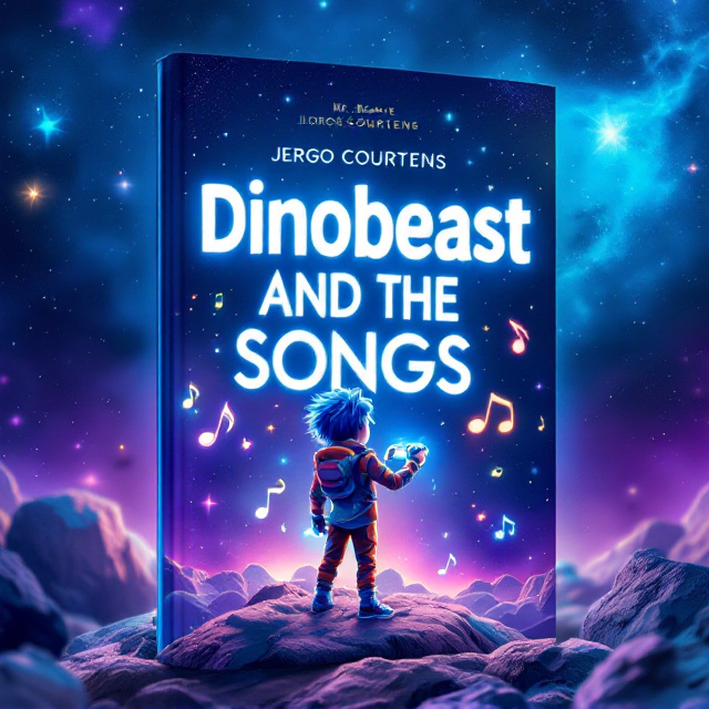 A vibrant scene set in outer space with a glowing galactic background in varying shades of blue and purple. A boy with blue hair, dressed in a futuristic gaming outfit, stands confidently on an asteroid. He holds a glowing controller in one hand, which is trailing bright music notes that float through space. Over his shoulder, the silhouette of Mr. Beast can be seen in a playful, cartoonish style waving or giving a thumbs-up. The title is large and glowing in white, with stars twinkling around it, and additional floating music notes scattered throughout the composition.