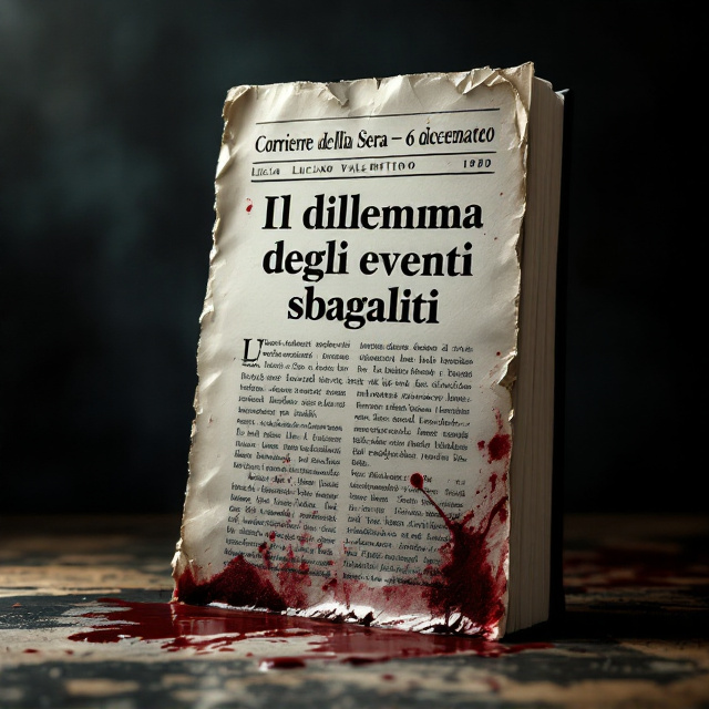 A dark, textured background with subtle hints of aged paper patterns. Centered prominently is a realistic, aged newspaper clipping with torn, jagged edges and lightly frayed fibers. The main text ("Corriere della Sera – 6 dicembre 1980") is clearly visible, rendered in subdued black ink, accompanied by the evocative quote. Around the edges of the clipping, faint shadows create depth. In the distant background, the reversed "Il Bagatto" tarot card lightly emerges—dimly illuminated and barely visible like a ghostly imprint. The bottom features a faint bloodstain effect as an ominous, almost unnoticed detail.
