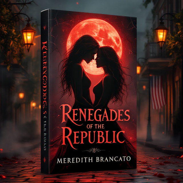 The cover features the shadowy, glowing silhouette of two women intertwined in an intimate embrace under a blood-red full moon. Their elongated fangs glint faintly in the moonlight. In the foreground, the cobbled streets of New Orleans’ French Quarter are soaked in the golden light of gas lamps, with wrought-iron balconies draped in overgrown vines. In the background, dilapidated American flags hang torn from poles, symbolizing a dystopian United States. Smoke and red mist swirl around the scene, creating a sense of rebellion and danger.