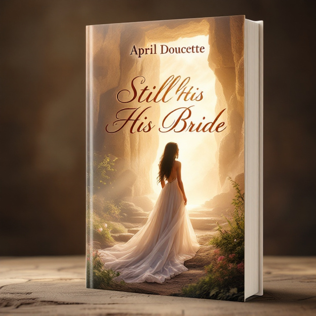 The cover depicts a serene and symbolic image of a bride standing at the opening of Jesus' tomb bathed in soft, morning light, symbolizing hope and resurrection. To the left, a glimpse of Jacob’s well appears, surrounded by lush greenery and flowers to evoke a feeling of belonging and grace. The bride’s gown is flowing, softly blending with the golden hues of the light streaming from the tomb. The sky above transitions from deep purple to a radiant pearl tone. The edges of the cover softly fade into a textured background resembling parchment, enhancing the memoir-like aesthetic.