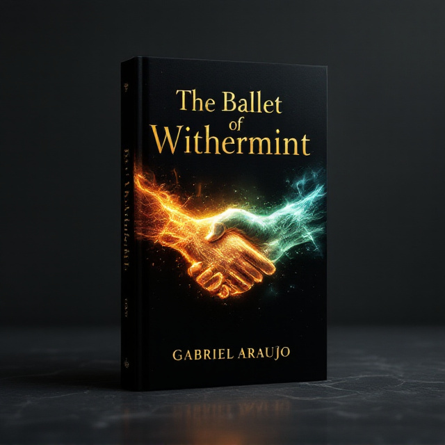 A black background with a glowing silhouette of two hands clasping in the center. One hand is fiery and engulfed in flickering flames, while the other merges into a misty, ethereal shape with greenish-blue hues. The fire and mist seamlessly intermingle in the handshake to create a magical, otherworldly effect. In the background, faint traces of a starlit sky radiate subtle fantasy vibes.