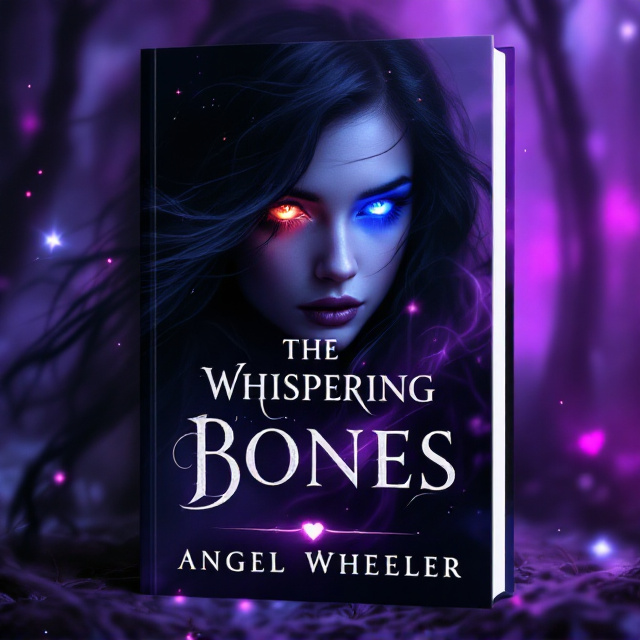 A hauntingly beautiful image of a woman with flowing black hair that blends into a swirling purple mist. Her two-toned eyes are prominently highlighted—one glowing gold while the other shimmers in icy blue. A shadowy silhouette of a gothic forest can be faintly seen in the background, with whispers of faint skeletal forms hidden in the mist. The mood is dark yet magical, with subtle sparkles of starlight dust scattered around. The purple shade dominates the overall composition, giving the cover a mystical allure, while the faint hint of a heart symbol is embedded within the mist, suggesting love beneath the shadowy tones.