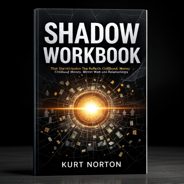 A dark, textured background that mimics the look of a cracked mirror, with reflections of faint silhouettes of a child, fragmented dollar bills, and an outlined figure representing relationships. The center features an abstract glowing orb (representing self-discovery) radiating subtle yet enthusiastic energy.