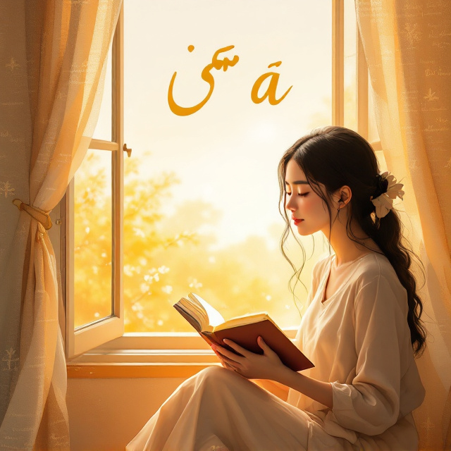 A warm-toned illustration of a young woman sitting by a window, holding an open diary in her hands. Her face shows an expression of realization and emotional connection, as if she's uncovering a hidden story. The window behind her opens to a dreamy, golden-hued landscape symbolizing memories and life experiences. To the side, faint handwritten text overlays the background, resembling entries from a diary.