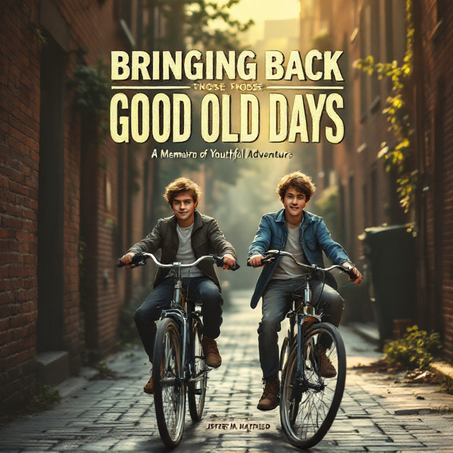 Two teenage boys perched on vintage bicycles in a dimly-lit, narrow brick alley, one leaning slightly forward in anticipation, the other with a mischievous grin. The alley stretches into the background with soft, glowing afternoon light that casts long shadows on the cobblestones. Sparse greenery peeks in from behind the alley’s edges, emphasizing an urban yet nostalgic setting. The color palette features warm tones—soft yellows, faded oranges, muted reds, and browns—to evoke a sense of warmth and nostalgia.