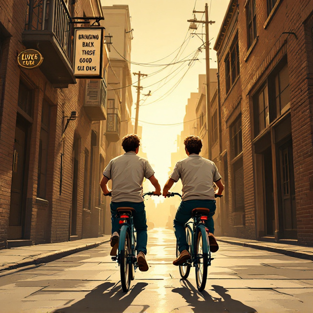 A sepia-toned illustration of two teenage boys from the 1960s on vintage bicycles, seen from the back. They are positioned in the foreground, centered, and angled down a narrow, slightly sunlit urban alley with brick walls, retro signage, and faint power lines. The alley's perspective leads the viewer's eye towards a softened glow at the horizon. The mood is wistful and nostalgic, with subtle textures and depth.
