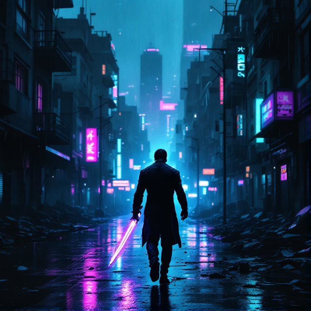 A dark and gritty cyberpunk city, drenched in neon lights that contrast against the shadows of rundown buildings. The city is in disrepair, with scattered debris on the wet, reflective ground. A man with a muscular yet lithe frame is centered in the frame, walking away from the viewer. He clutches a glowing, futuristic sword in one hand, the blade gleaming faintly against the rain. The rain falls diagonally across the entire scene, adding movement and enhancing the eerie, mysterious atmosphere. The palette is dominated by blacks, grays, and deep blues, with pops of neon purple and pink from distant signs and streetlights.