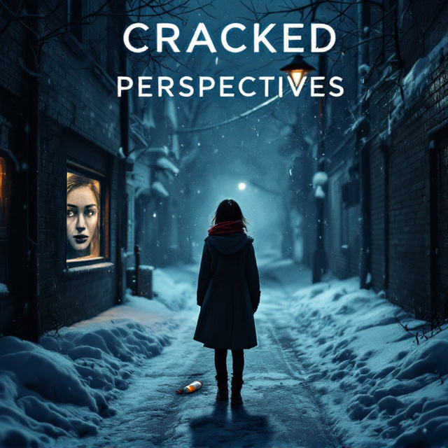 A dark, snowy alleyway illuminated by a dim, flickering streetlight forms the backdrop. A young girl stands in the foreground with her back turned, wearing a long coat, her figure casting a faint shadow on the snow-covered ground. To her left, on a frost-covered car window, a fractured reflection of her face staring back is subtle but visible. There’s a hint of a small pill bottle, partially buried in the snow by her feet, barely noticeable but impactful. The entire scene is tinted in muted blues and grays, with accents of deep red in the girl's scarf and the fractured reflection.