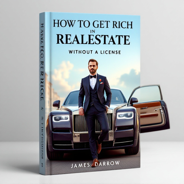 A distinguished gentleman in a sharp suit and bow tie stands confidently with his foot on the bumper of a luxurious Rolls Royce Phantom. The rear door of the car is open, inviting the reader to imagine stepping into a world of affluence. The background features a soft blue sky with hints of soft clouds, adding a touch of calm and elegance. A discrete pinch of red is subtly integrated into the gentleman's pocket square to symbolize ambition and success.