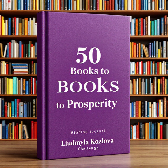 A well-organized bookshelf background filled with vibrantly colored books, with the central area having a sleek, semi-transparent purple overlay. The bold, sans-serif title “50 Books to Prosperity” is prominently displayed, drawing the reader’s attention, with the subtitle “Reading Journal” and “Challenge” arranged below it, maintaining visual harmony. The author's name “Liudmyla Kozlova” is placed subtly at the bottom, ensuring it does not overpower the cover's main elements. The overall tones are warm, inviting, and uplifting, with a minimalist yet sophisticated style.